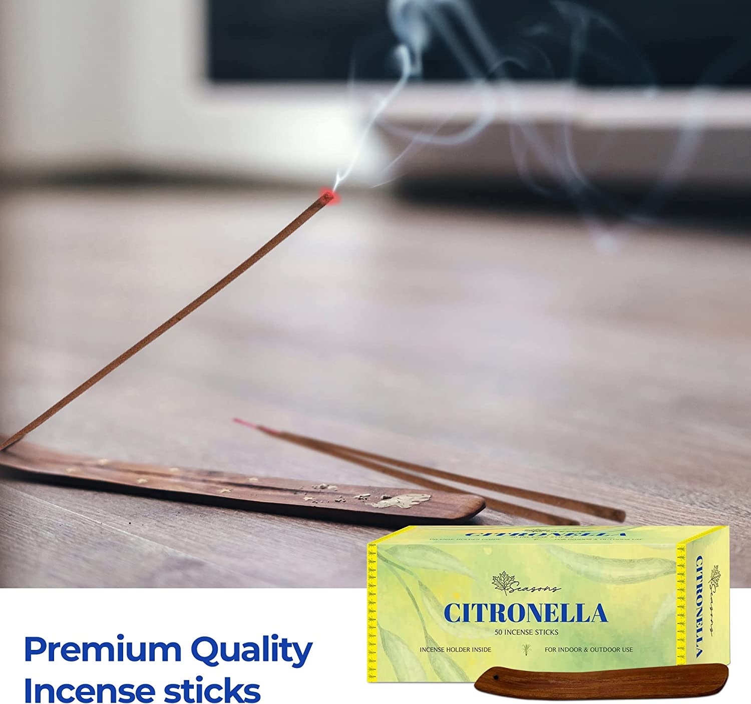 50 Citronella Incense Sticks for Home, Kitchen, Outdoors, Bars, Office, Gift and more; keep Bugs and Insects away with Wooden Incense Stick Kit Holder