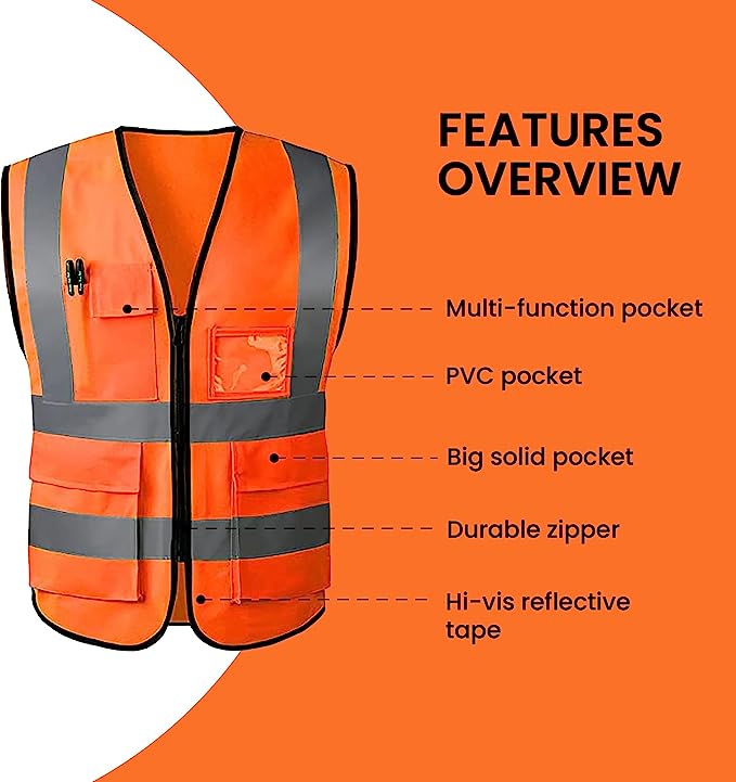 Hi Vis Safety WaistCoat Orange With High Reflective Visibility strips Zipper & Pocket