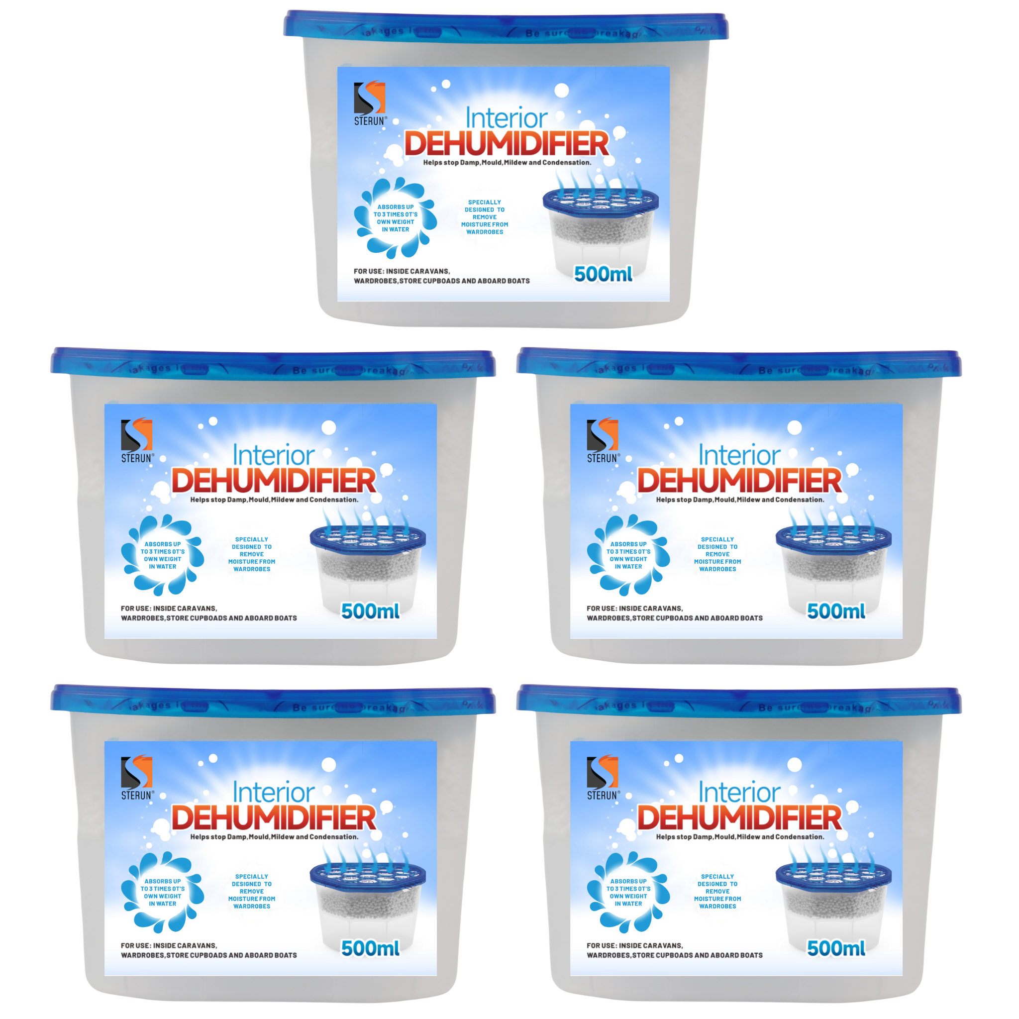 STERUN Interior Dehumidifier Disposable, 500ml– Moisture Absorber for Damp, Mould, and Condensation – Ideal for Home, Wardrobe, Bathroom, Caravan, Garages