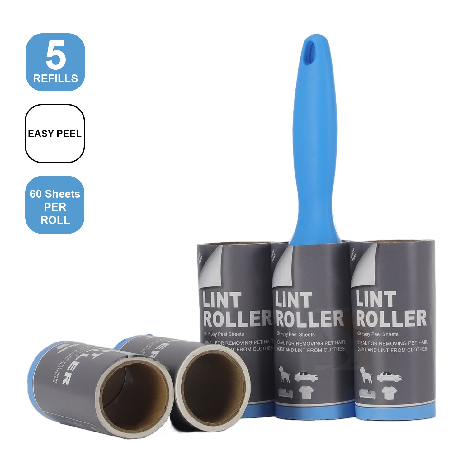 Lint Roller 5 Rollers with Handle 60 Sheets Per Roll