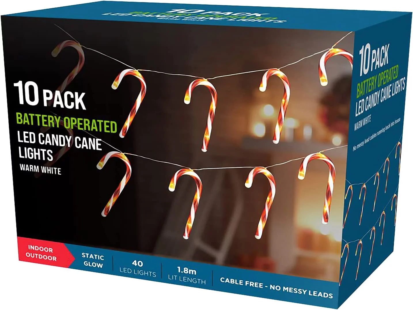 Battery Operated 40 LED Candy Cane Warm White Lights with Static Glow & On/Off Switch