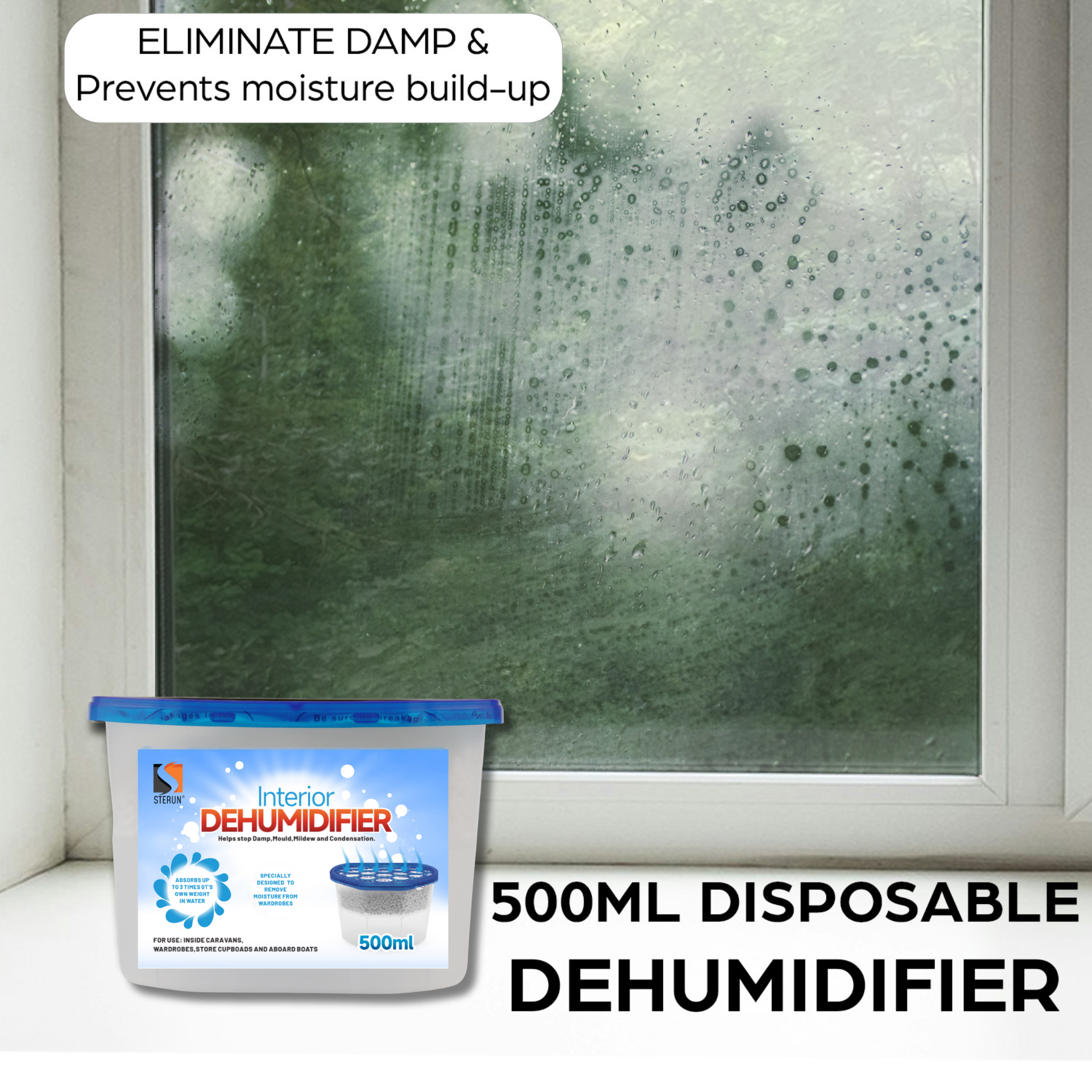 STERUN Interior Dehumidifier Disposable, 500ml– Moisture Absorber for Damp, Mould, and Condensation – Ideal for Home, Wardrobe, Bathroom, Caravan, Garages