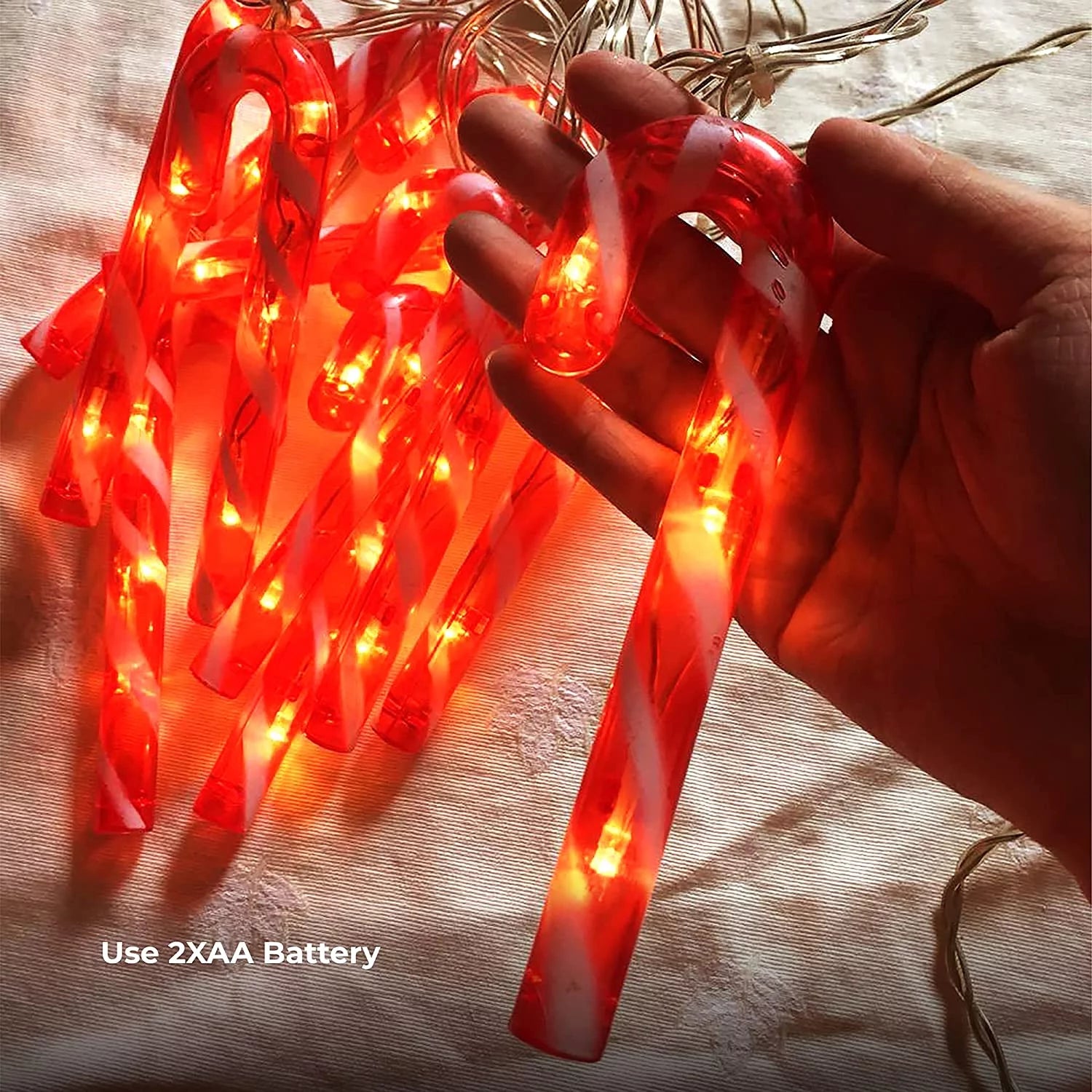 Battery Operated 40 LED Candy Cane Warm White Lights with Static Glow & On/Off Switch