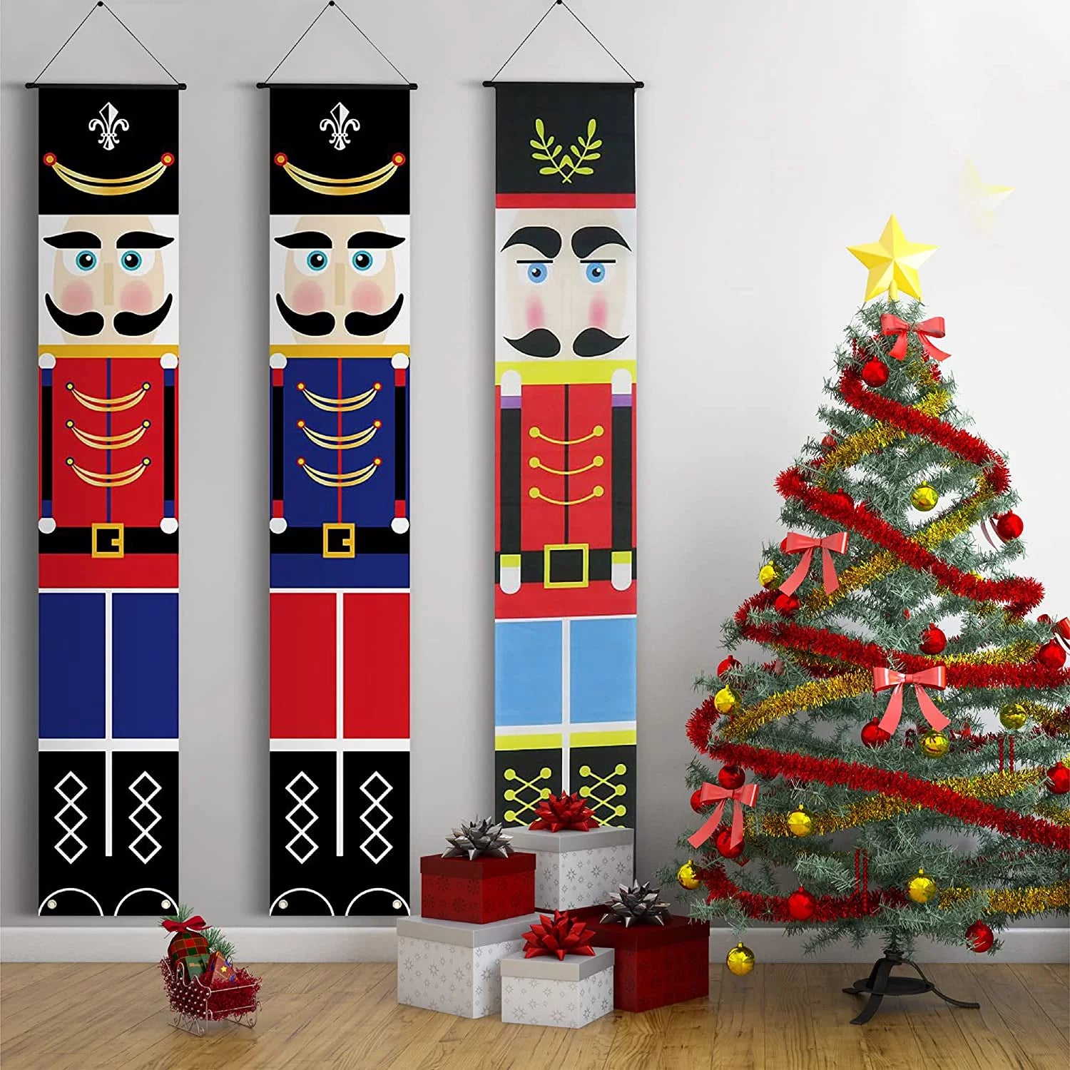 Christmas Decoration Set Of 3 Door Flag Nutcracker Printed Nylon Banner With Hanging Loop