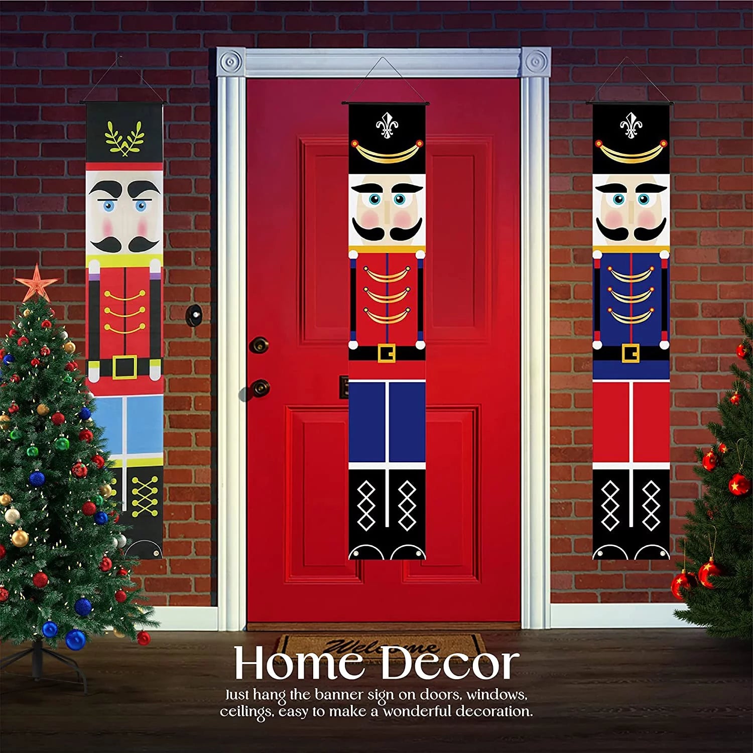 Christmas Decoration Set Of 3 Door Flag Nutcracker Printed Nylon Banner With Hanging Loop