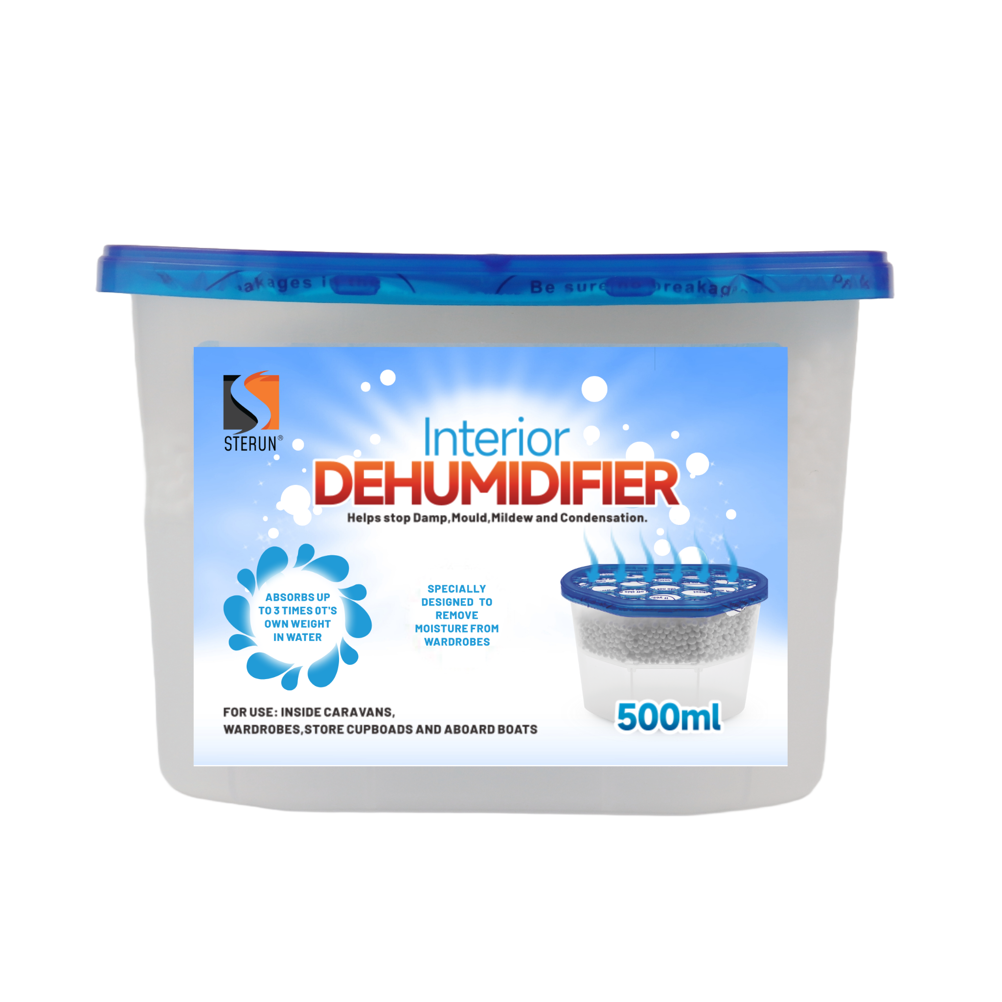 STERUN Interior Dehumidifier Disposable, 500ml– Moisture Absorber for Damp, Mould, and Condensation – Ideal for Home, Wardrobe, Bathroom, Caravan, Garages
